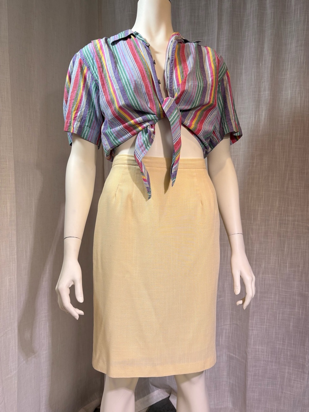 Vintage Isaac Hazan Pale Yellow Linen High Waist Midi Pencil Skirt